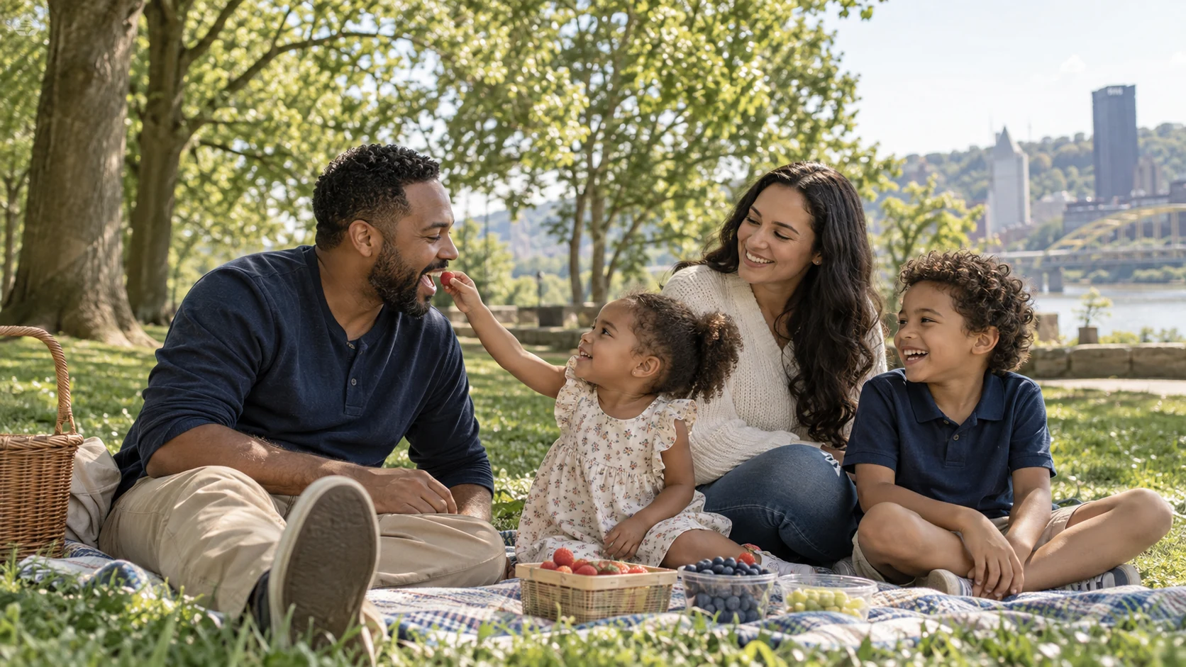 Parents and children sharing a picnic in a leafy park