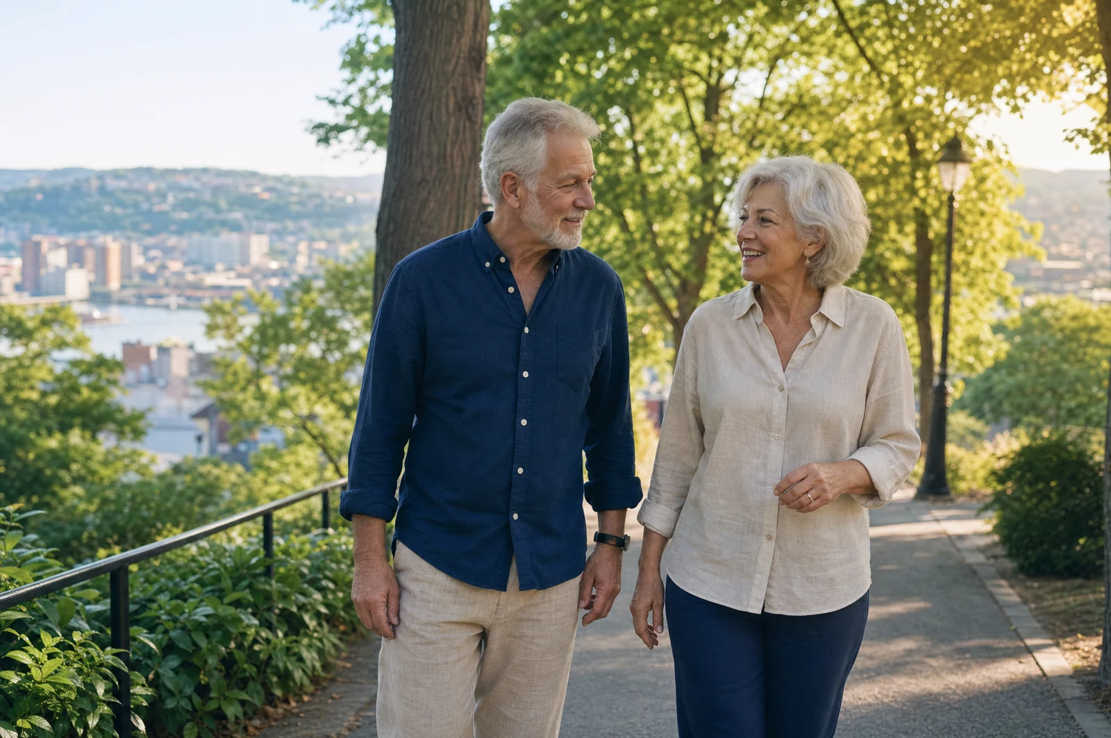 An older couple walking in a park
